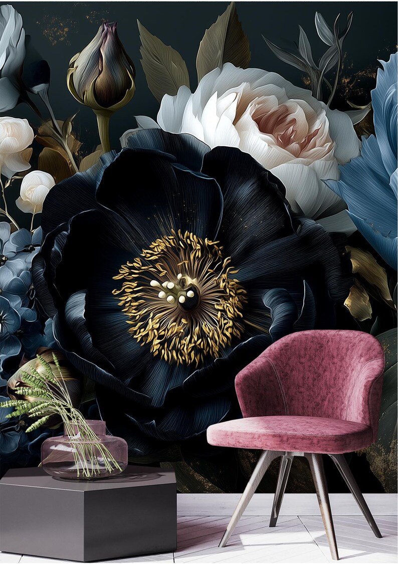 Dark Floral Peony Wallpaper Mural - Moody Blue Peony With Cream Petals ...