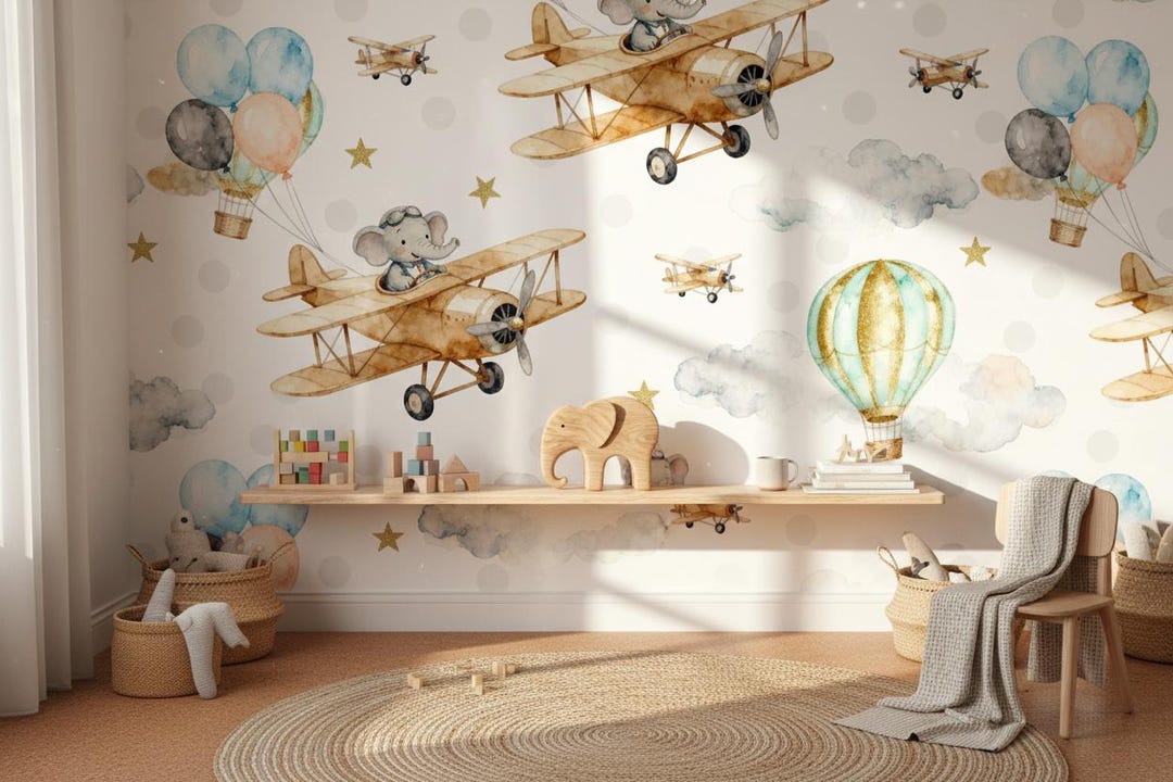 Nursery Airplane Wallpaper Blue Gold Hot Air Balloon Peel and Stick ...