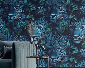 Papel tapiz con estampado de animales de safari oscuro, despegable y adhesivo, ideal para inquilinos, ideal para la pared decorativa de la sala de estar, patrón sin costuras.