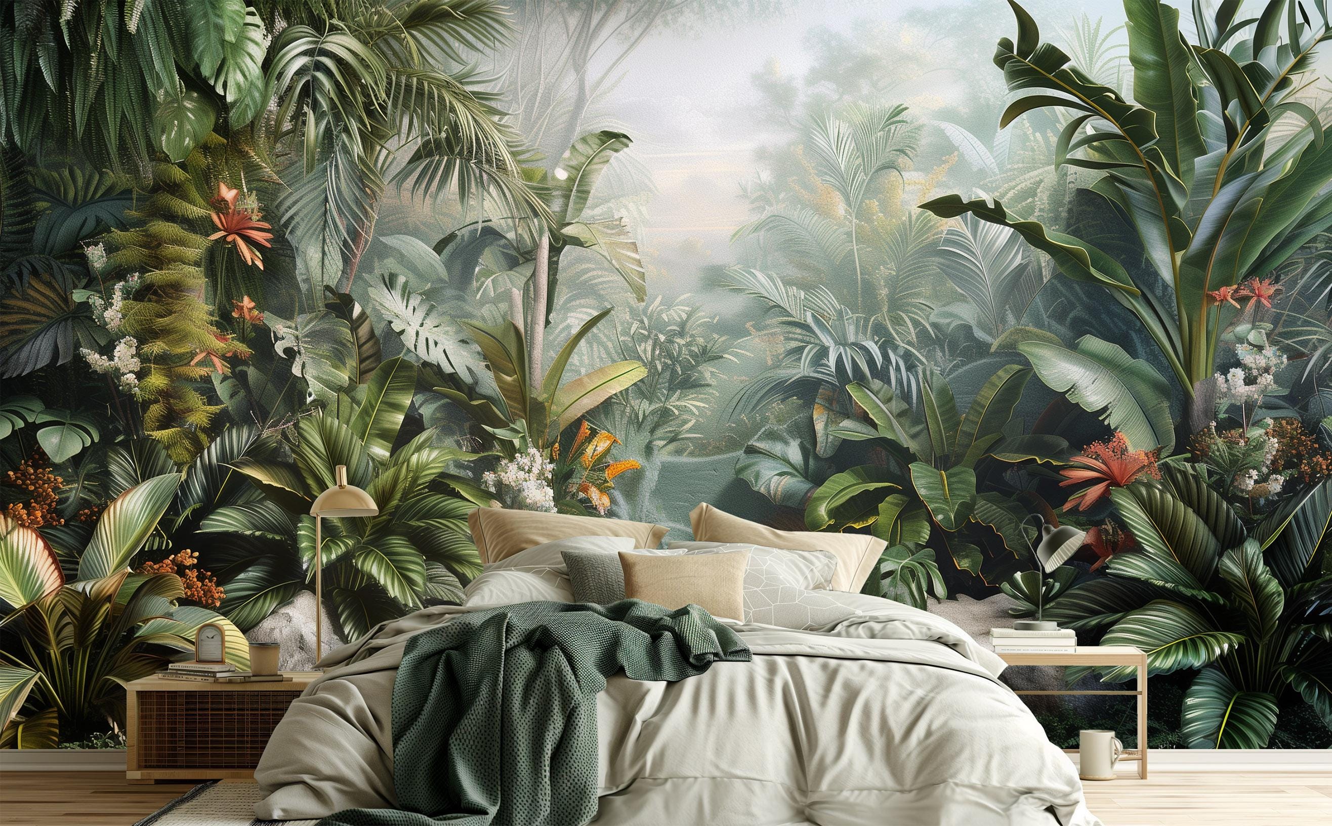 Lush Tropical Jungle Wall Mural - Exotic Rainforest Botanical Wallpaper ...