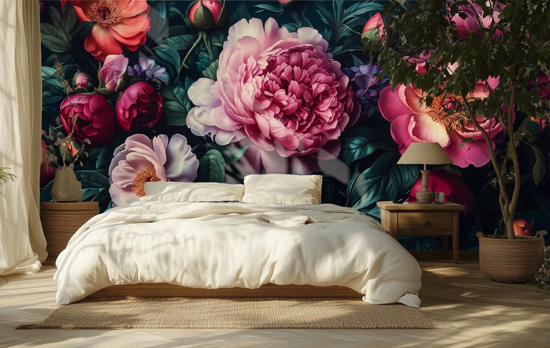 Dark Floral Peony Wallpaper | Moody Vintage Botanical Wall Mural ...