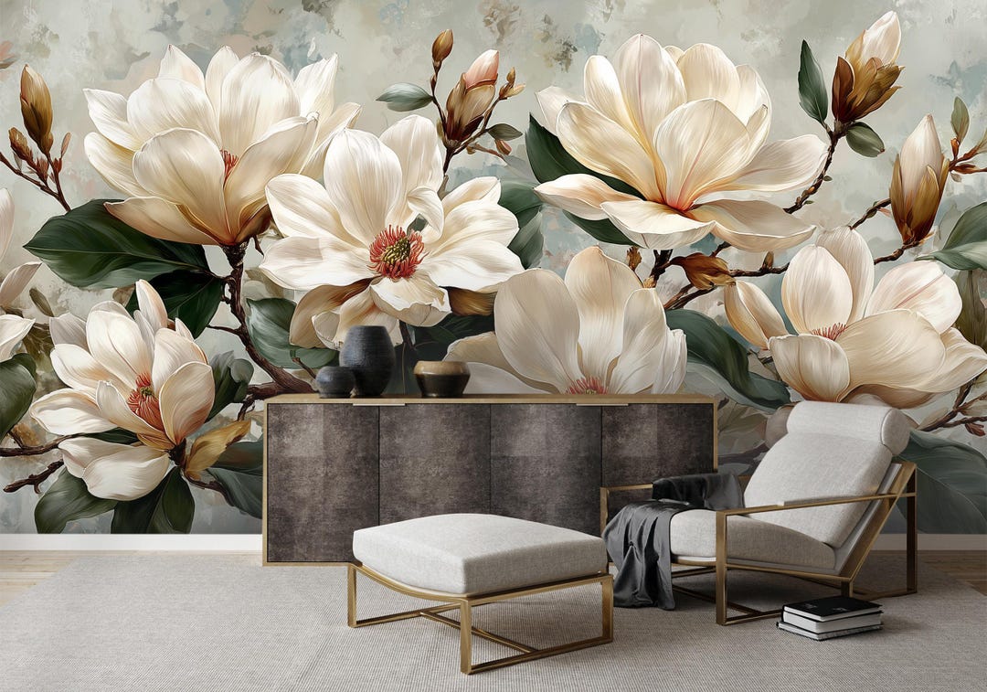Magnolia Backdrop Ivory Magnolia Floral Wall Mural – Large Scale Botanical Wallpaper With ...