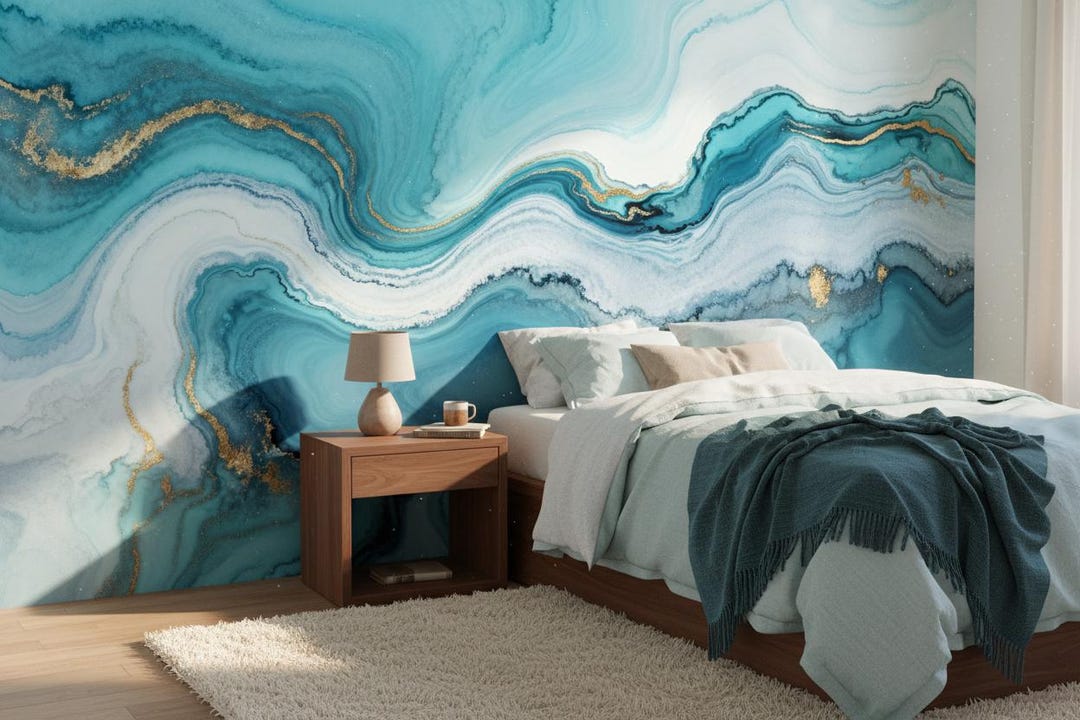 Opulent Teal & Gold Agate Wallpaper | Abstract Marble Mural | Premium ...