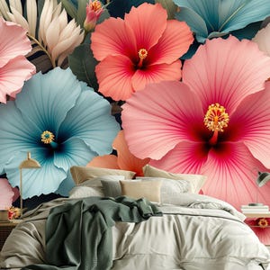 Elegant Botanical Wall Mural – Hibiscus Flower Wallpaper in Soft Coral & Aqua – Removable Wallpaper for Bedroom, Nursery, or Entryway