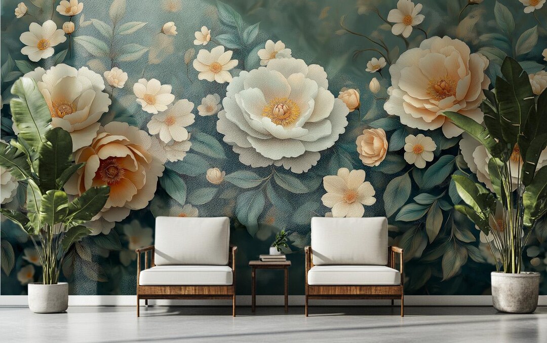 Elegant Cream & Gold Flower Wall Mural – Romantic Floral Peel and Stick ...