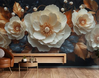 Gold & Ivory Floral Wallpaper | Peel Stick, Traditional Mural | Removable Renter-Friendly Wall Decor | Elegant Botanical Mural for Bedroom
