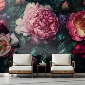 Dark Floral Peony Wallpaper | Moody Vintage Botanical Wall Mural ...