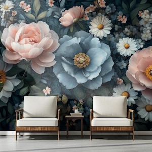 Vintage Botanical Wall Mural – Elegant Dark Flower Peel and Stick Wallpaper for Romantic Interiors