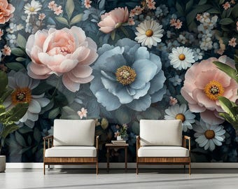Vintage Botanical Wall Mural – Elegant Dark Flower Peel and Stick Wallpaper for Romantic Interiors