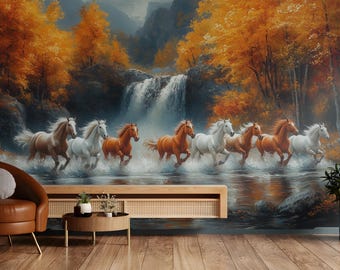 Wild Horses Running Mural – Majestic Autumn Forest with Waterfall, Peel and Stick or Non-Woven Removable Wallpaper