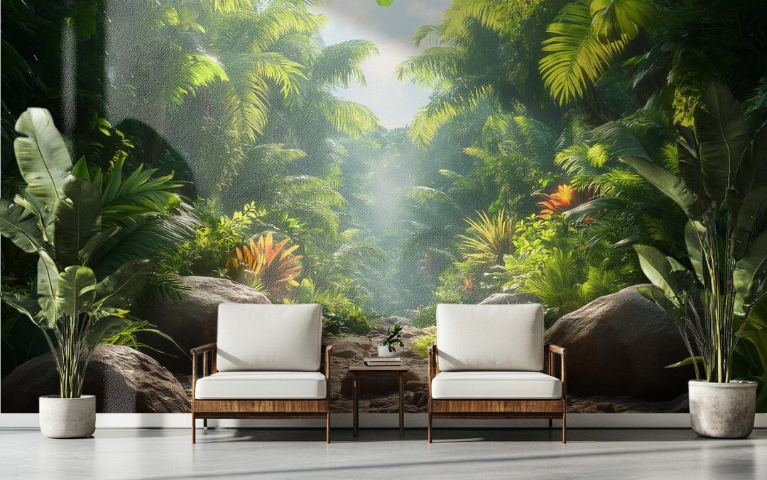 Lush Tropical Jungle Wall Art - Vibrant Greenery Landscape Print ...