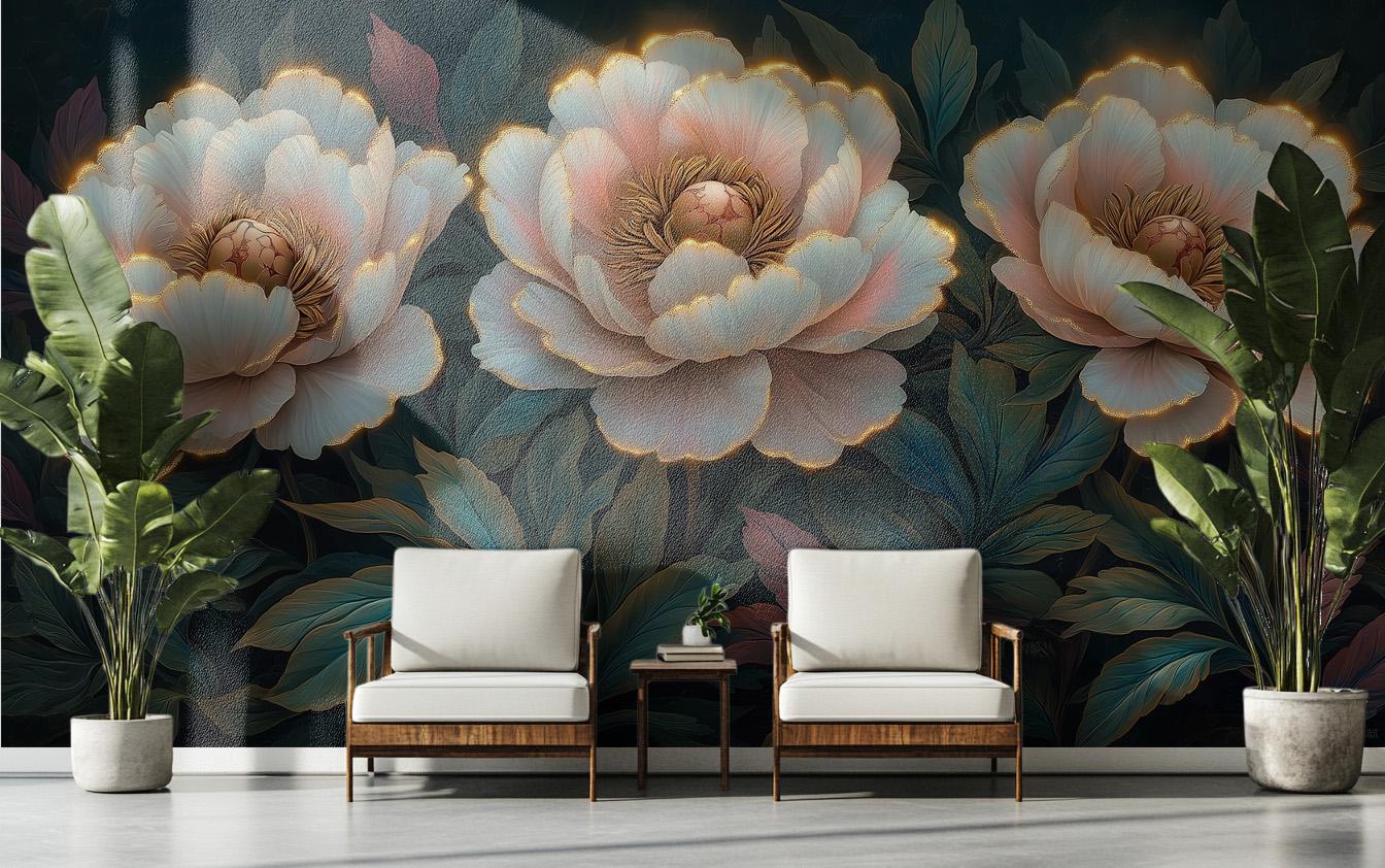 Hyper-realistic Peony Blossom Wallpaper | Illuminated Floral Wall Art ...
