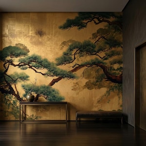 May include: A room with a gold-toned wall mural depicting a pine tree painting. A dark wood console table with a vase and a bench are in front of the mural. The floor is dark wood.