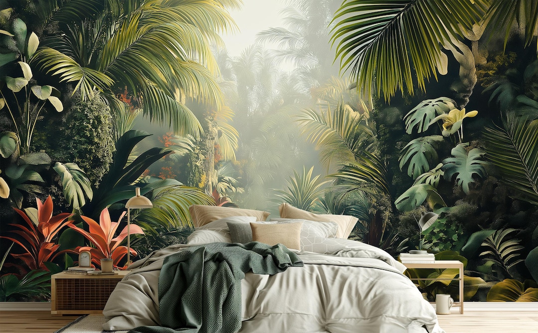 Lush Tropical Jungle Wall Mural – Misty Rainforest With Exotic Foliage ...