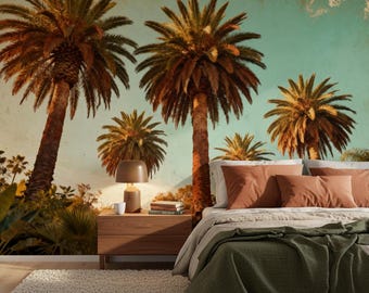 Tropical Palm Tree Peel And Stick Wallpaper Teal Gold Vintage Wall Mural