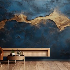 Carta da parati murale astratta di lusso blu scuro e oro - effetto strutturato metallico - elegante carta da parati moderna - staccabile o non tessuta