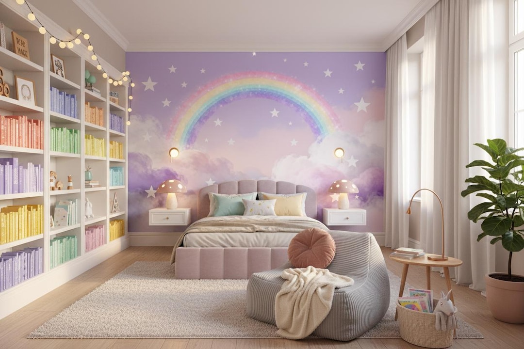 Rainbow Stars Peel and Stick Wallpaper Pastel Cloud Nursery Wall Mural ...