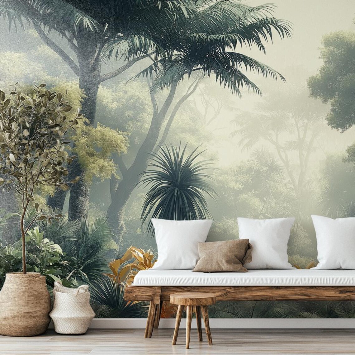 Dreamy Misty Jungle Mural - Foggy Tropical Forest Wallpaper - Lush ...