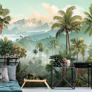 May include: A tropical landscape mural featuring palm trees, lush greenery, and distant mountains. The scene is painted in shades of green, blue, and beige, creating a serene and naturalistic ambiance. A bed with pillows and a side table are in the foreground.