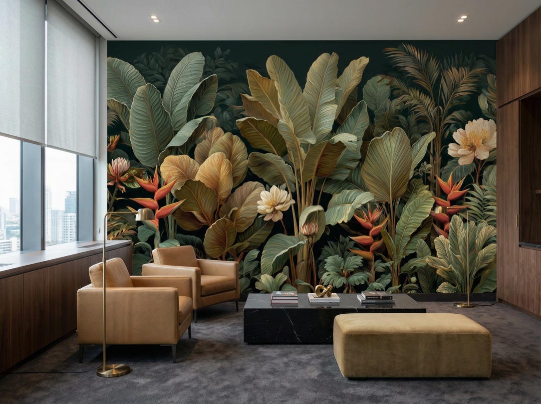 Dark Tropical Jungle Wallpaper Mural | Moody Botanical Peel and Stick ...