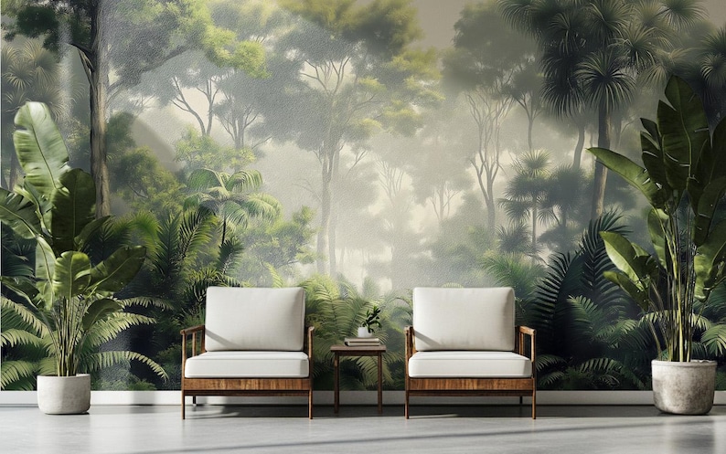 Misty Tropical Rainforest Wallpaper Mural - Green Jungle Peel and Stick ...