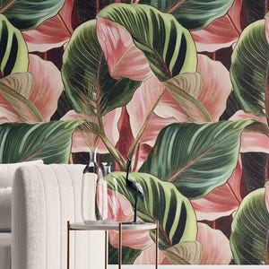 Green and Pink Tropical Wallpaper – Removable Peel and Stick – Renter Friendly Glam Botanical Mural Bedroom Accent Wall Seamless Pattern