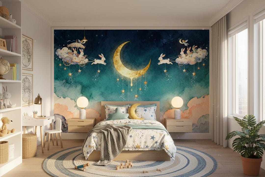 Nursery Moon Stars Rabbit Wallpaper Blue Gold Peel and Stick Wall Mural ...