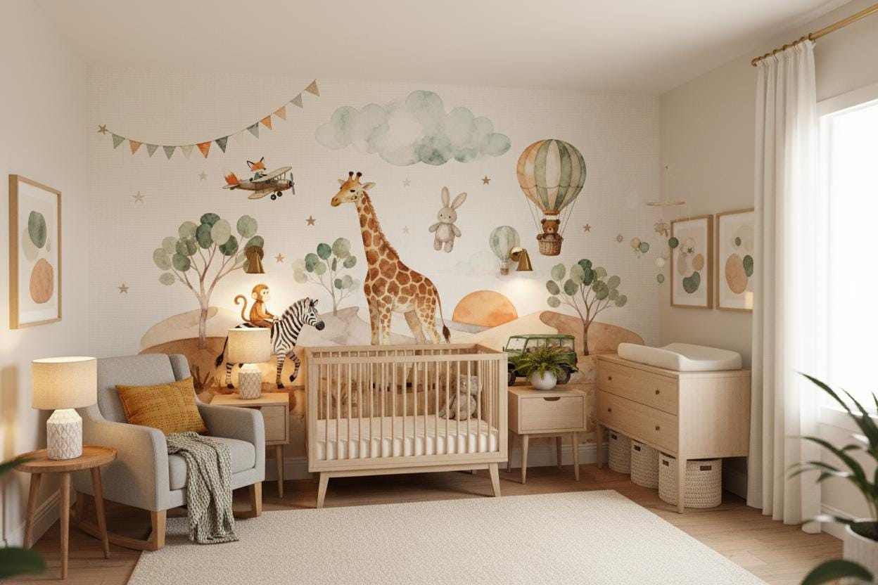 Boho Safari Nursery Wallpaper Watercolor Animal Wall Mural Peel and ...