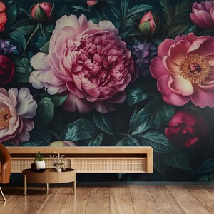 Dark Floral Peony Wallpaper | Moody Vintage Botanical Wall Mural ...