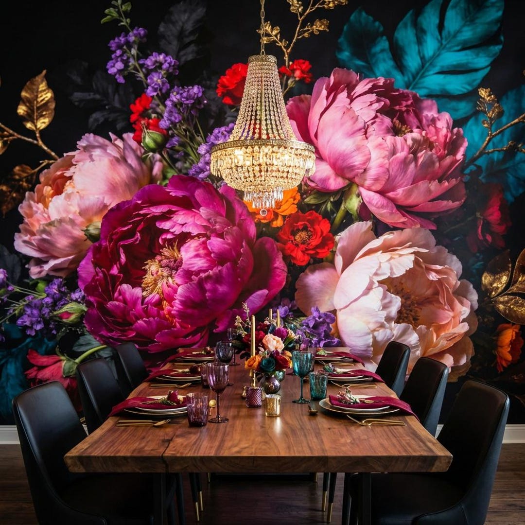 Midnight Baroque Peony Mural Dark Floral Wallpaper Gold Leaf - Etsy