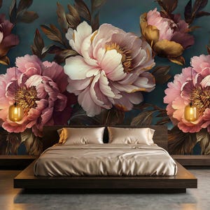 May include: A bedroom with a floral mural of pink and white peonies. A low, dark wood bed frame supports a bed with a tan satin comforter and pillows. Two pendant lights with amber glass hang above the bed.