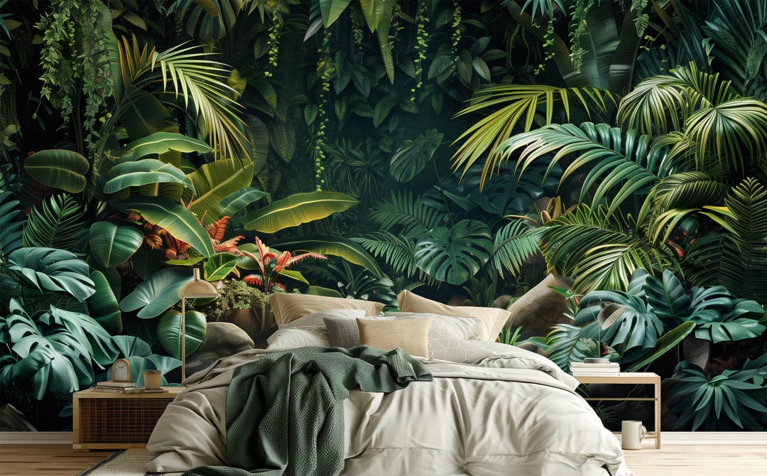 Custom Tropical Wall Mural – Dark Green Leaf Peel & Stick Wallpaper for ...