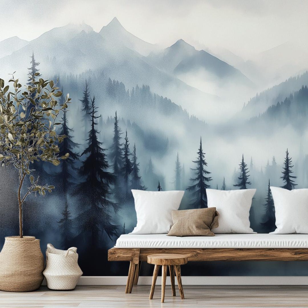 Misty Mountain Forest Peel and Stick Wallpaper - Renter-friendly Foggy ...
