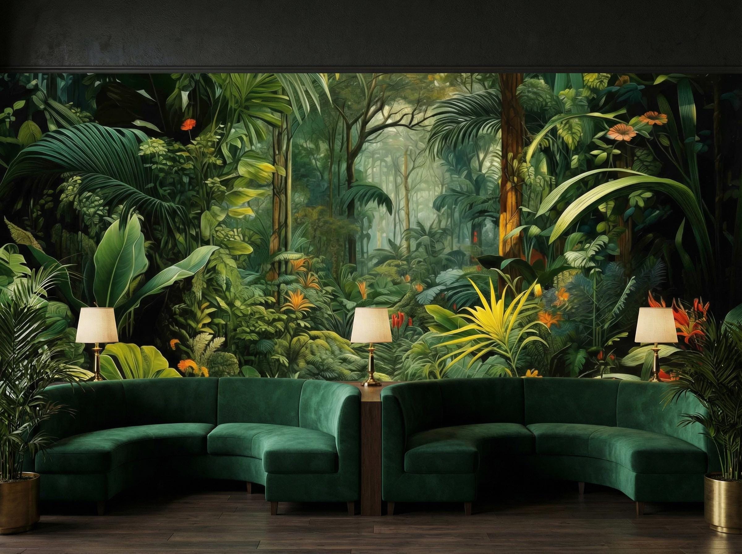 Tropical Jungle Wallpaper Mural Dark Botanical Feature Wall Peel and ...