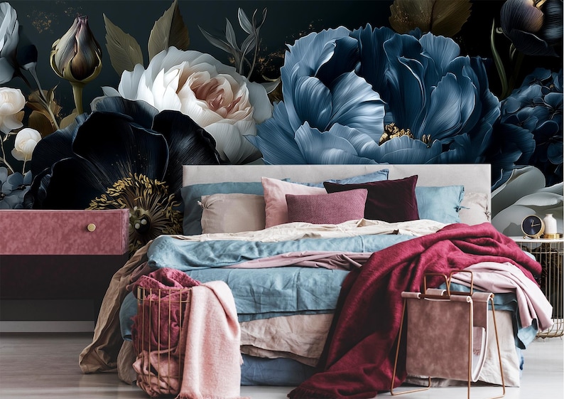 Dark Floral Peony Wallpaper Mural - Moody Blue Peony With Cream Petals ...