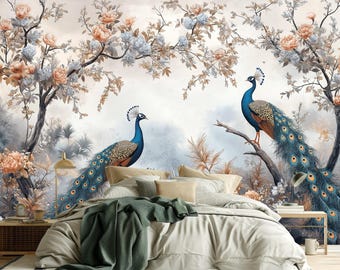 May include: A bedroom with a wall mural featuring two peacocks perched on branches of a flowering tree. The peacocks have blue and green feathers and are surrounded by delicate pink and white blossoms.