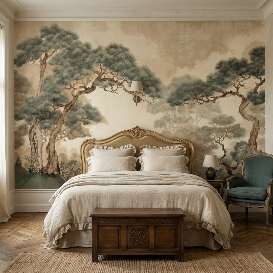 Vintage Japanese Pine Tree Removable Wallpaper, Sepia Chinoiserie ...