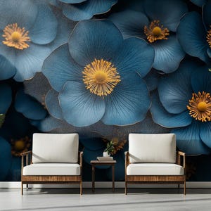 Carta da parati floreale blu scuro / Lussuosa carta da parati botanica blu navy / Fiori con accenti dorati / Elegante decorazione floreale di ispirazione vintage