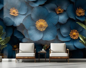 Papier peint floral bleu foncé | Papier peint botanique bleu marine luxueux | Fleurs accent doré | Décoration florale élégante d'inspiration vintage