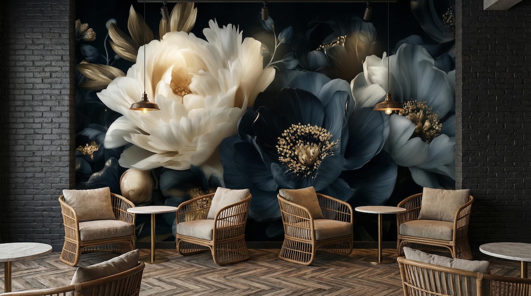 Dark Floral Wallpaper Mural Peel and Stick, Luxury Moody Flowers Wall ...