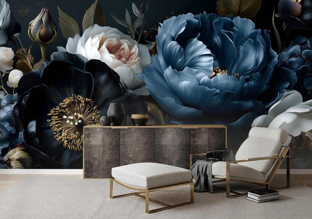 Dark Floral Peony Wallpaper Mural - Moody Blue Peony With Cream Petals ...