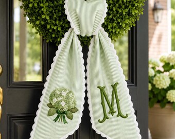 Embroidered Hydrangea Wreath Sash, Door Decor, Front Porch Wreath Bow, Personalized Wreath Sash Front Door Decor