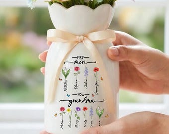 Grandma's Garden Vase, Birthday Gifts for Mom Nana Nanny, First Mom Now Grandma Flower Vase, Birth Month Flower Vase,  Mothers Day Gifts
