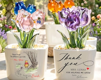 Custom Stained Glass Flower Pot, Personalized Thank You Gift,Teacher hank You for Helping Me Grow, Coworker Gift Thank You