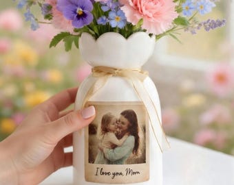 Personalized Mom Photo Vase, Custom Photo Flower Vase, Mothers Day Gift, Floral Ceramic Vase, Family Photo Gift,Friendship Gift