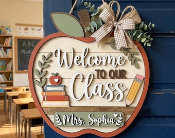 Personalize Teacher Name Welcome 2 Layer Wooden Door Sign,Teacher Gifts,Custom Classroom Welcome Sign, Back to School Gift,Teacher Name Sign