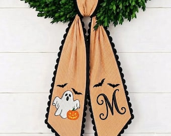 Personalized Embroidery Halloween Ghost with Bat Name Sash Wreath, Embroidery Monogram Spooky Bow, Custom Halloween Front Door Decor