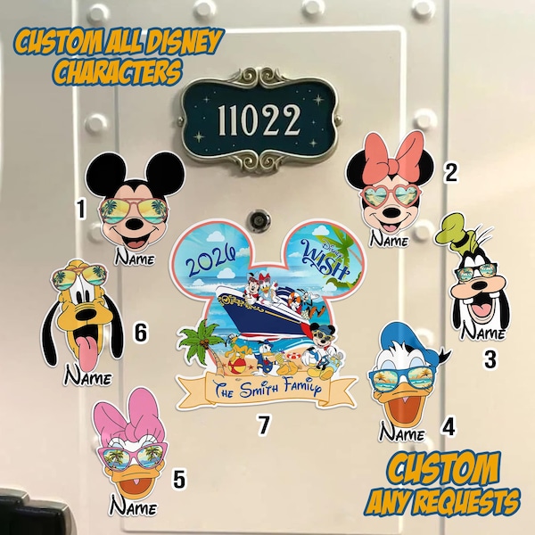 Personalized Mickey And Friends wdw Cruise Magnet, Custom Summer Cruise Trip 2025, wdw Wish Family Trip Cruise Ship Stateroom Door