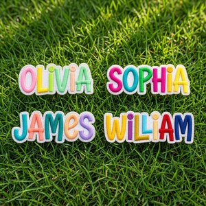 May include: Four embroidered name patches featuring the names OLIVIA, SOPHIA, JAMES, and WILLIAM. Each letter is rendered in a distinct, vibrant colour with a thick white border, creating a playful, rounded, and bold typography style for each name.