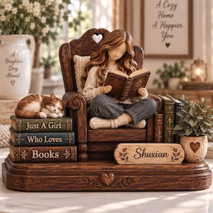May include: A figurine of a person with long brown hair sitting in a dark wood chair reading a book. A sleeping cat rests on a stack of three books labeled Just A Girl, Who Loves, Books. A sign reads Shuxian with a small potted plant nearby.